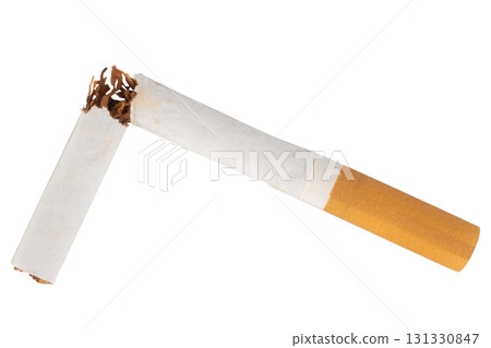 Broken Cigarette on White Background Representing Smoking Cessation and Health Awareness 131330847