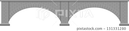 Stone arch bridge with dual arches, featuring grey stone construction and archways. Simple design. 131331280