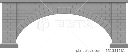 Illustration of a symmetrical gray stone bridge with an arched opening against black background. 131331281