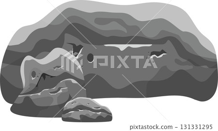 Monochrome vector illustration of a natural rock cave with light and dark grey shading. 131331295