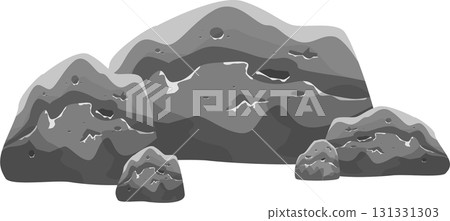 A collection of gray rocks forms a natural barrier or landscape feature in a grayscale image. 131331303