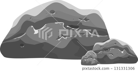 Three large grey cartoon rock formations with various holes and crevices on a black background. 131331306