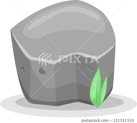 A grey cartoon boulder rests on a grey base with small green plants behind it against black. 131331310