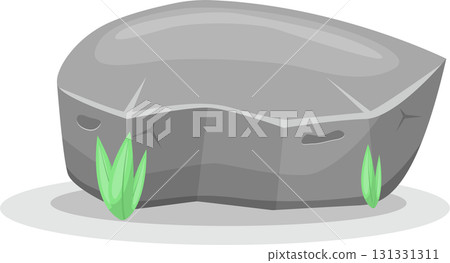 Cartoon image displaying a gray rock sitting on a light gray platform with tufts of grass. 131331311