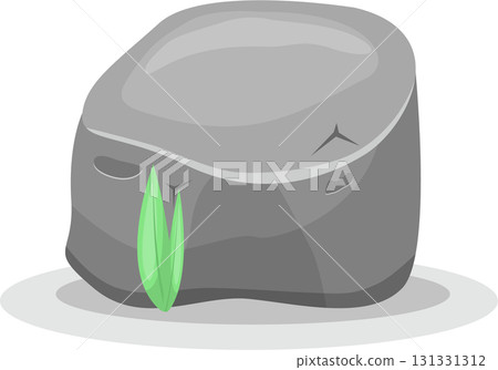 Cartoon style illustration of a gray rock with a pair of green leaf blades sprouting. 131331312