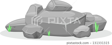 Pile of gray stones and grass illustration, depicting a natural rock formation scenery. 131331315