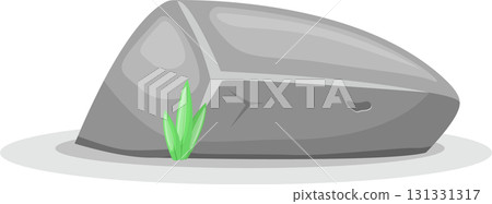 Stylized gray rock with green shoots, isolated on a gray base, cartoon style, simplistic design. 131331317