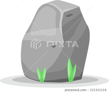 Cartoon rock stands on a grey surface with two small green plants near its base. 131331318