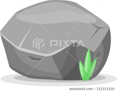 A cartoon gray rock with grass poking out from beneath it on a gray surface and black background. A cartoon gray rock with grass poking out from beneath it on a gray surface and black background. 131331320
