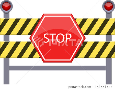 Roadblock with a red stop sign indicates caution. Warning lights add visibility on construction. Roadblock with a red stop sign indicates caution. Warning lights add visibility on construction. 131331322