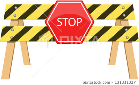 A barrier with yellow and black stripes and a red stop sign, often used for construction work. 131331327