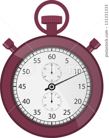 Burgundy colored stopwatch with white dial and black numerals used to measure time intervals. 131331333