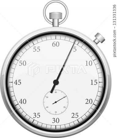 Silver-cased stopwatch with white face marking time, useful for measuring elapsed intervals. Silver-cased stopwatch with white face marking time, useful for measuring elapsed intervals. 131331336