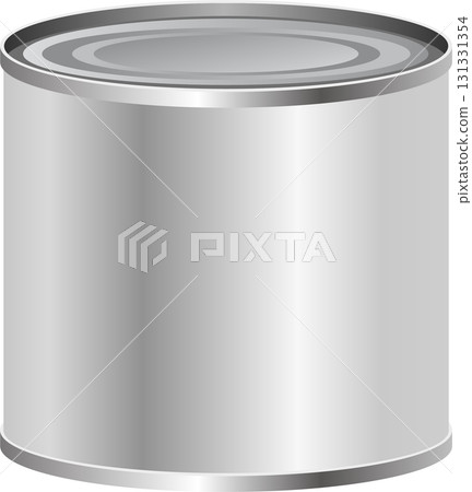 A silver colored can with a cylindrical shape. The can is closed, and reflects light. 131331354