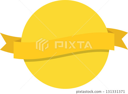 A golden yellow circle with a ribbon draped across the middle against a black background. A golden yellow circle with a ribbon draped across the middle against a black background. 131331371