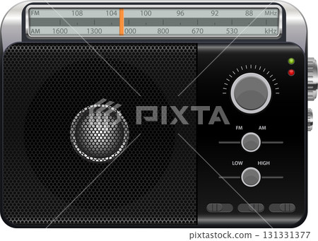 An illustration of a vintage looking black radio set with tuning dial and speaker grill. An illustration of a vintage looking black radio set with tuning dial and speaker grill. 131331377