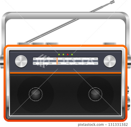 Vintage radio receiver with orange trim, antenna, dials, and built-in speaker. FM and AM frequencies. 131331382