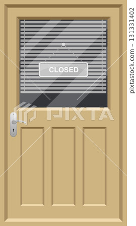 Closed door illustration with window, blinds, and a closed sign, shop or business. 131331402