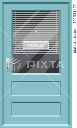 A closed sign hangs on a paneled teal blue door with blinds suggesting business is unavailable. 131331403
