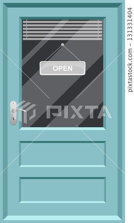 A vector illustration of a closed, light blue door with a clear window and an "OPEN" sign. A vector illustration of a closed, light blue door with a clear window and an "OPEN" sign. 131331404