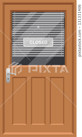 A wooden door with a glass window and the word 'CLOSED' on a sign hanging in the window. 131331406