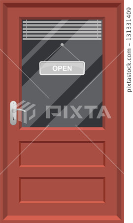 A closed red door with a silver handle, and a see-through window that shows an open sign. 131331409