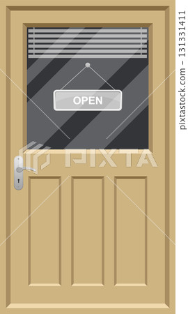 Illustration of a wooden door with a glass window and an 'Open' sign hanging inside. Illustration of a wooden door with a glass window and an 'Open' sign hanging inside. 131331411