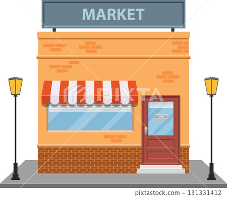 Cartoon illustration of a small market building with an awning and an open sign in the window. Cartoon illustration of a small market building with an awning and an open sign in the window. 131331412