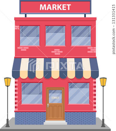 Illustration of a two-story market building with awnings and streetlights on a black background. 131331415