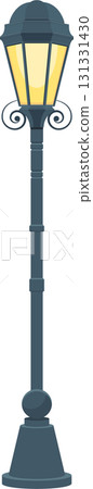 A dark grey vintage lamppost with a yellow light sits against a black background. 131331430