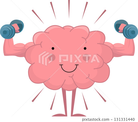 Cartoon brain character lifting dumbbells, symbolizing mental strength and cognitive exercise. 131331440
