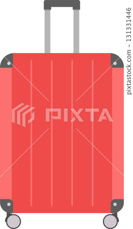 A bright red, vertical, and cartoon suitcase stands on small wheels and has a grey handle. 131331446