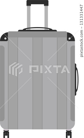 An illustration of a wheeled suitcase with a pull-out handle, in light grey colors on black. An illustration of a wheeled suitcase with a pull-out handle, in light grey colors on black. 131331447