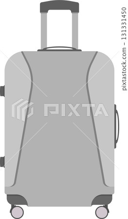 Gray suitcase standing upright with an extending handle and four wheels for easy transport. 131331450
