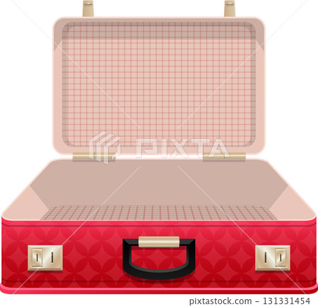 Open red suitcase with patterned exterior and pale pink interior, ready for packing contents. 131331454