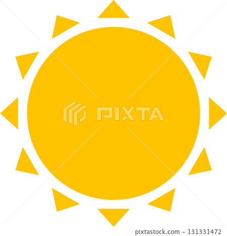 Bright yellow sun with triangular rays on a black background, radiating light and warmth. 131331472