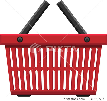 A red plastic shopping basket with a black background, typically used in stores and supermarkets. 131331514