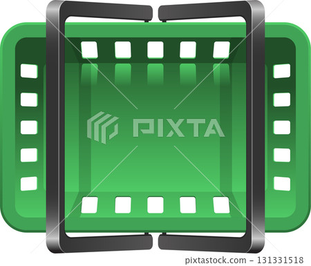 Green camera film roll with square sprocket holes and a reflective silver frame for retro imagery. Green camera film roll with square sprocket holes and a reflective silver frame for retro imagery. 131331518
