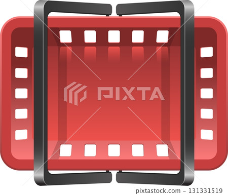 Red filmstrip icon with square sprocket holes, representing visual media and cinematic arts. Red filmstrip icon with square sprocket holes, representing visual media and cinematic arts. 131331519