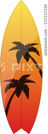 Vibrant surfboard art featuring silhouetted palm trees against a colorful sunset gradient backdrop Vibrant surfboard art featuring silhouetted palm trees against a colorful sunset gradient backdrop 131331526