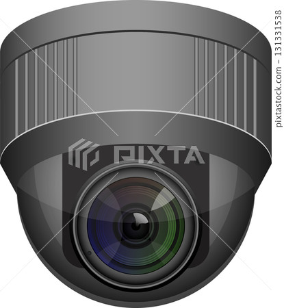 Gray surveillance camera featuring a large lens, metallic housing, and dome-shaped design. 131331538