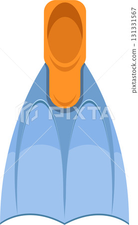 Cartoon drawing of a blue and orange swim fin used for swimming, snorkeling, and scuba diving. 131331567