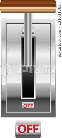 The image depicts an off switch with a metal lever and a red "off" indication on a dark surface. The image depicts an off switch with a metal lever and a red "off" indication on a dark surface. 131331569