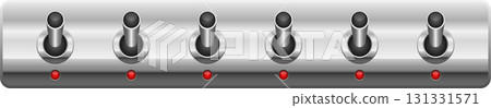 Metallic panel with six toggle switches and indicator lights in a streamlined gray design. Metallic panel with six toggle switches and indicator lights in a streamlined gray design. 131331571