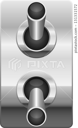 Toggle switch panel with two tubular toggles set against a metallic, brushed finish plate. 131331572