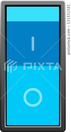 Blue on-off toggle switch inside gray plastic casing with line and circle symbols visible. Blue on-off toggle switch inside gray plastic casing with line and circle symbols visible. 131331581