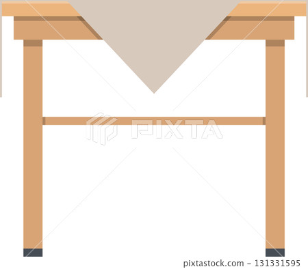 Wooden table with a triangular white covering. A simple design with warm and neutral tones. 131331595