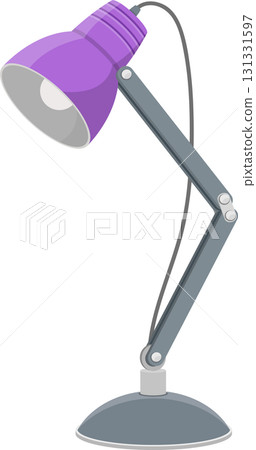 A purple adjustable desk lamp, made of metal with a flexible arm, sits on a dark background. A purple adjustable desk lamp, made of metal with a flexible arm, sits on a dark background. 131331597