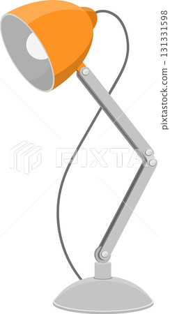 A stylish, adjustable lamp shines with an orange shade and articulated silver metal arm. 131331598