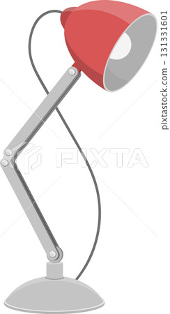 Red and grey adjustable desk lamp with visible lightbulb, isolated on a black background. 131331601